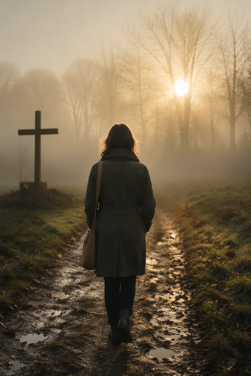 Solitary Walk Through Fog Toward Light