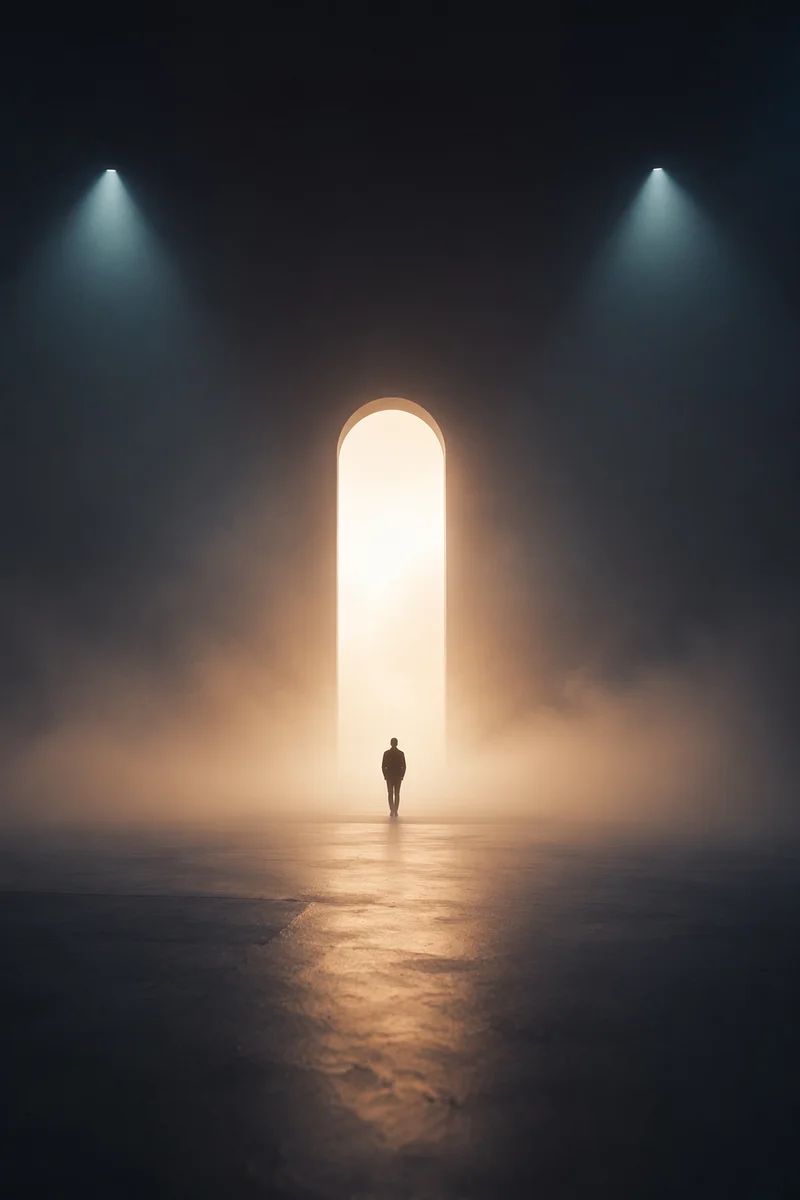 Silhouette Walking Through Fog Toward Light