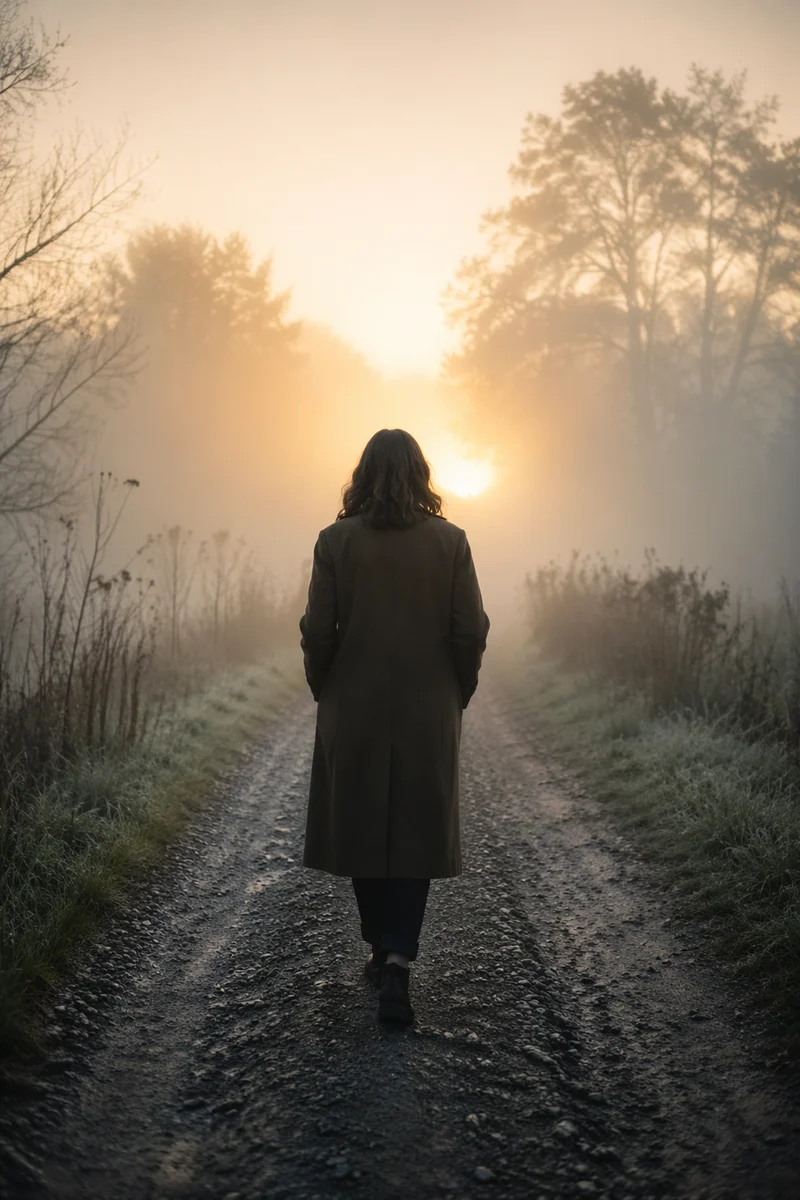 Solitary Walk Through Fog Toward Light