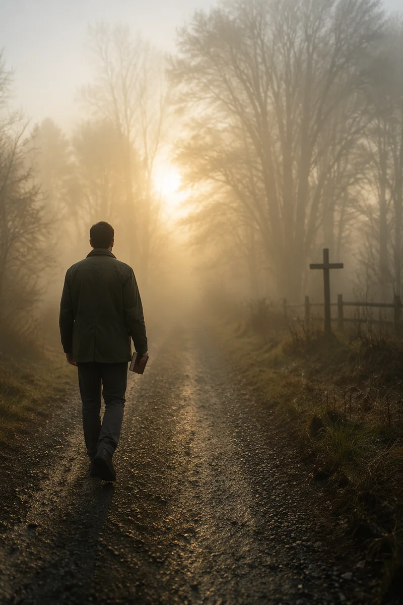 Walking Through Fog Toward Morning Light