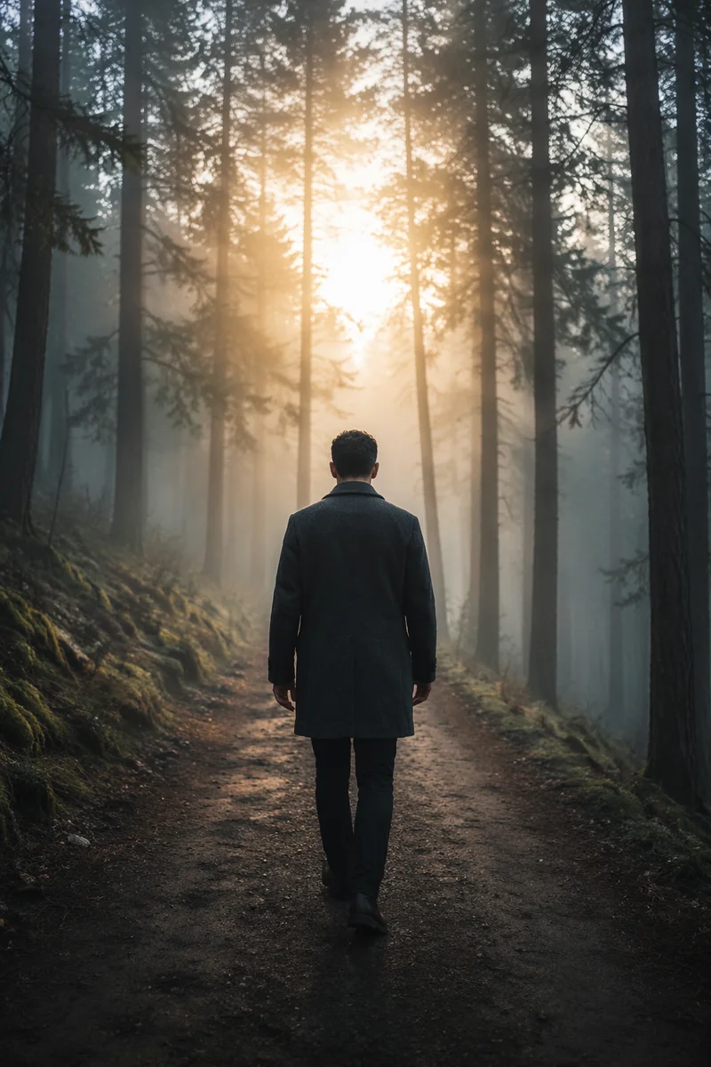 Man Walking Through Foggy Forest Light