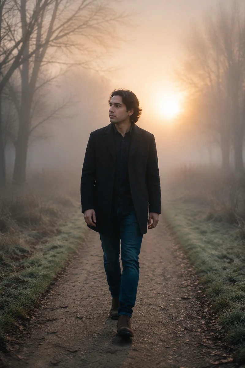 Man Walking Through Foggy Morning Path