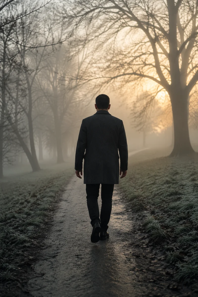 Man Walking Through Foggy Tree Path