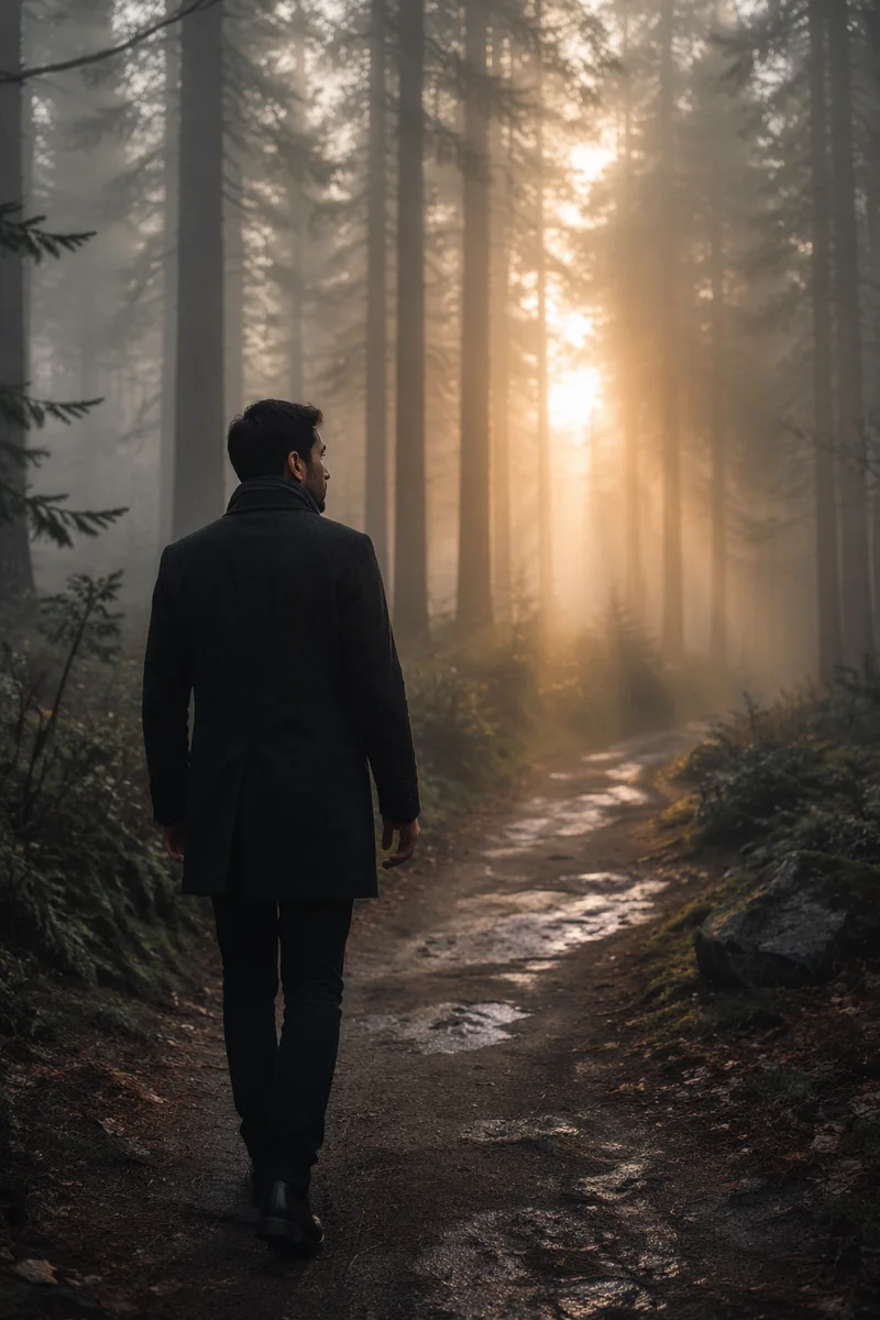 Man Walking Through Foggy Forest Path