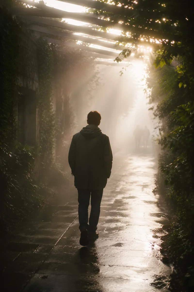 Walking Through Morning Fog Toward Light