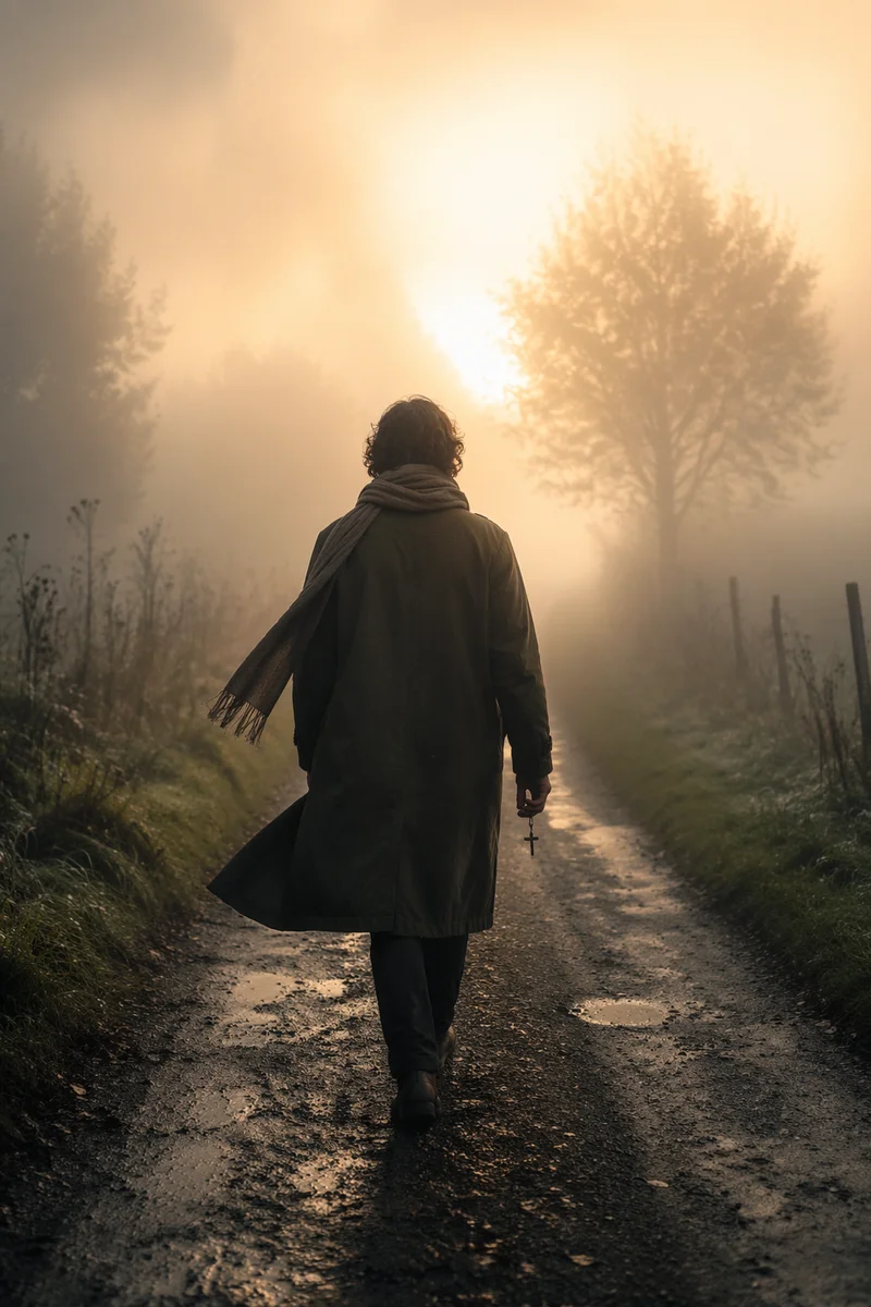 Walking Through Fog Toward Morning Light