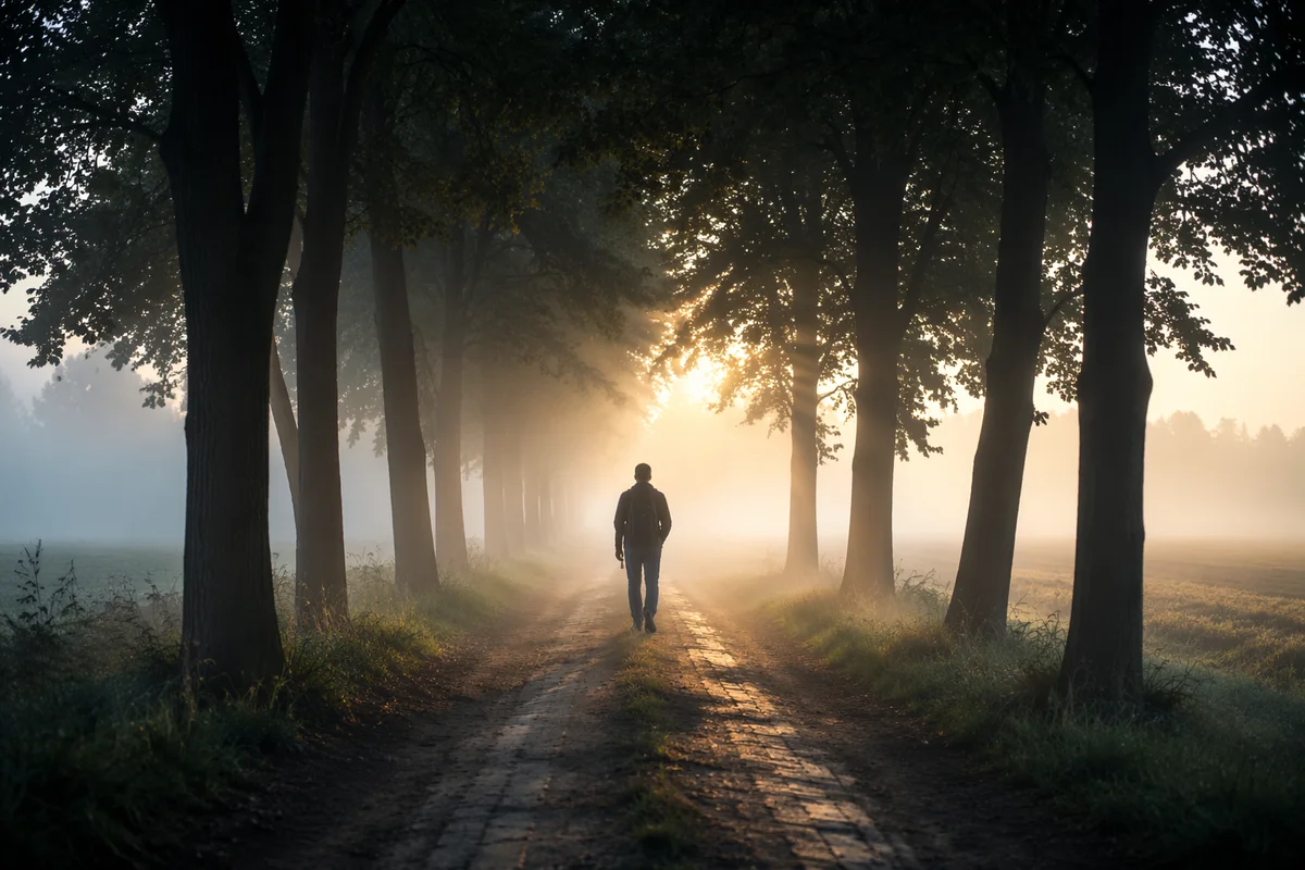 Walking Through Morning Fog Toward Light