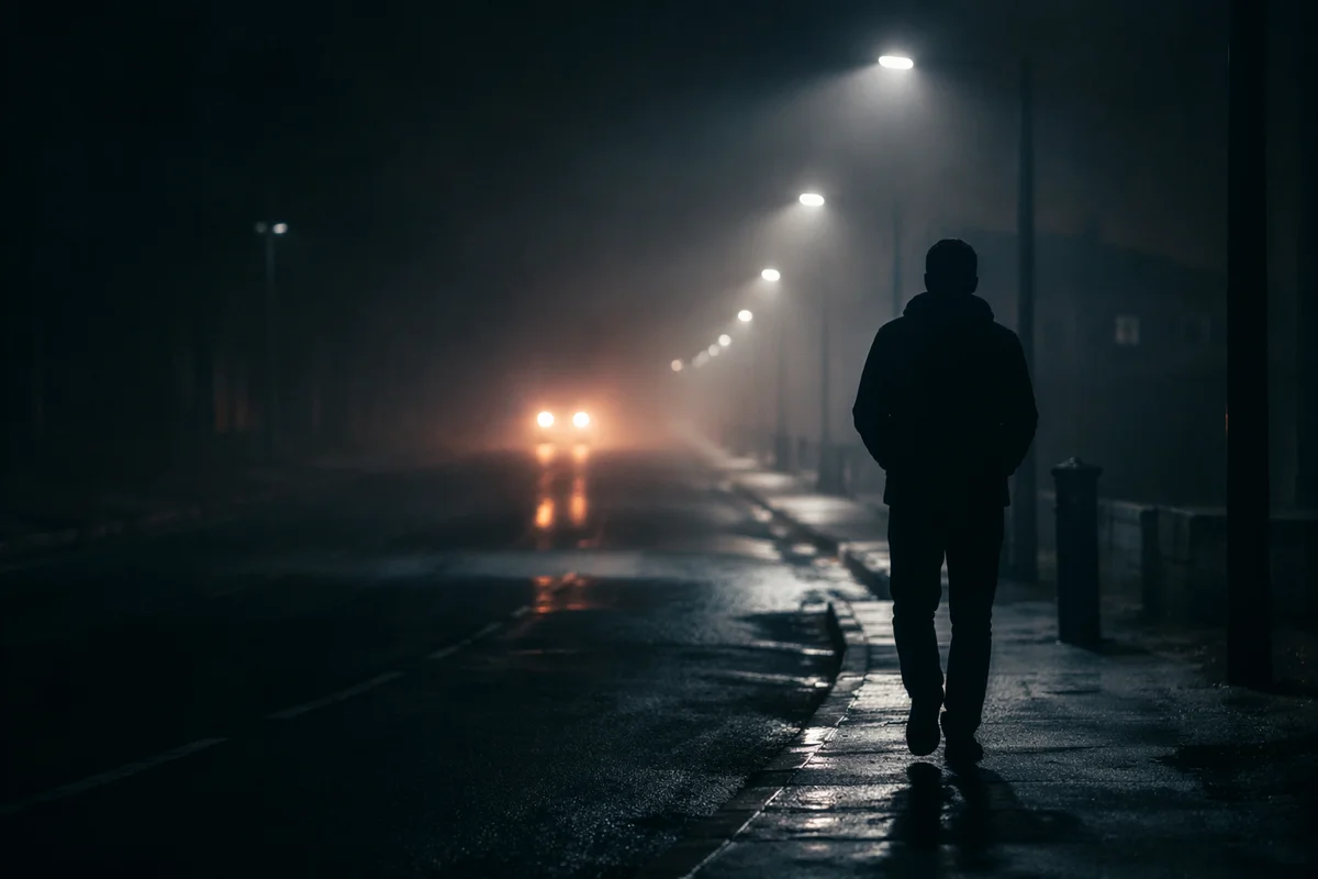 Lone Figure Walking Toward Light in Fog