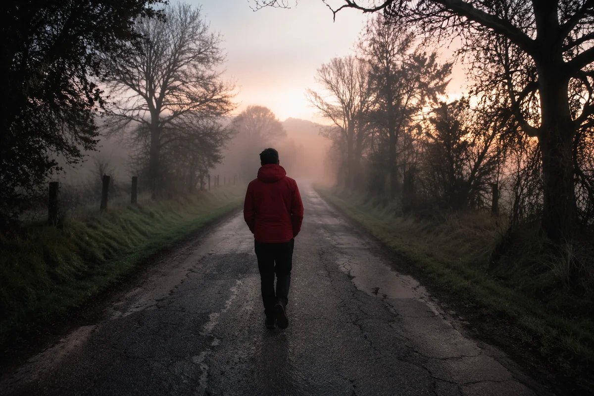 Walking Through Morning Fog Toward Light