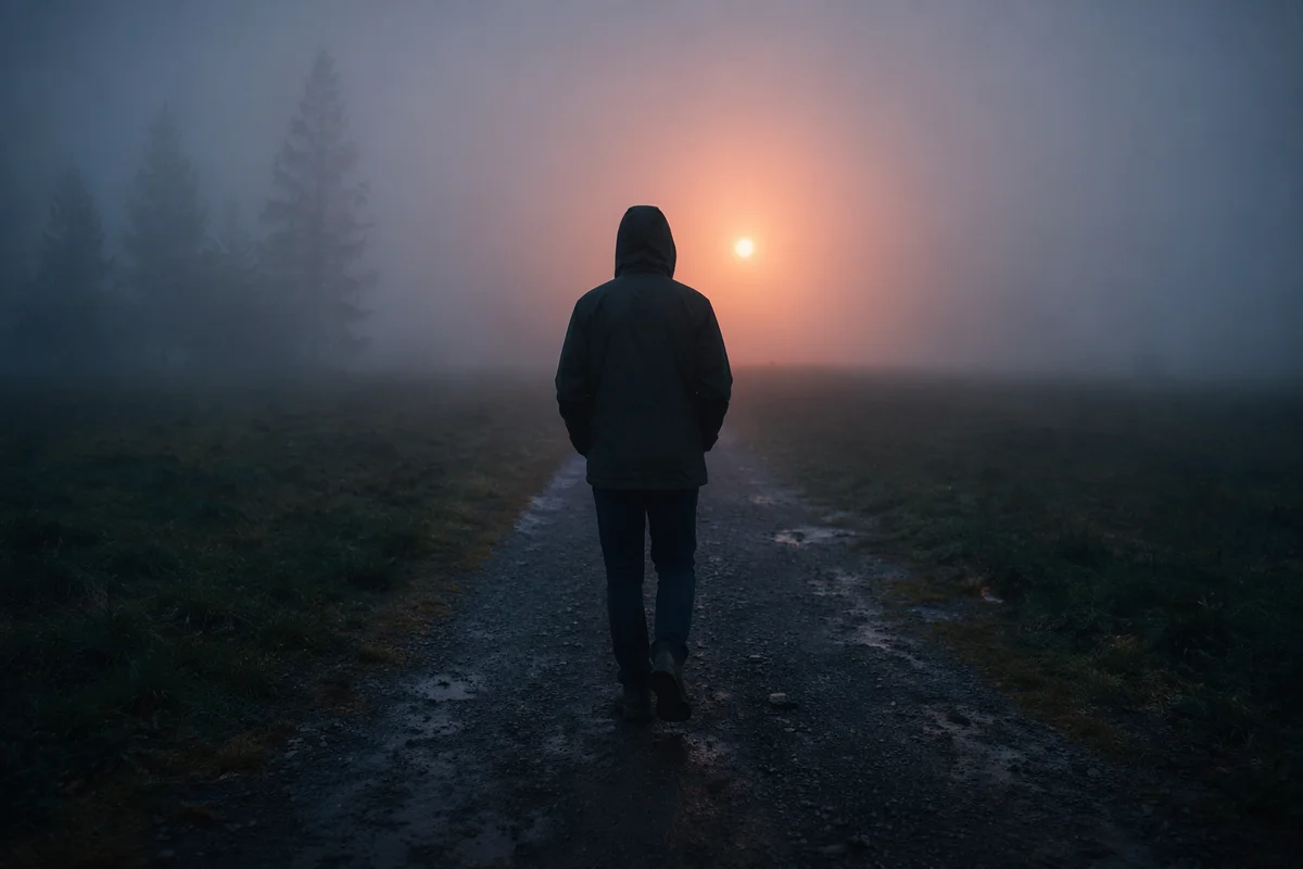 Person Walking Through Fog Toward Light