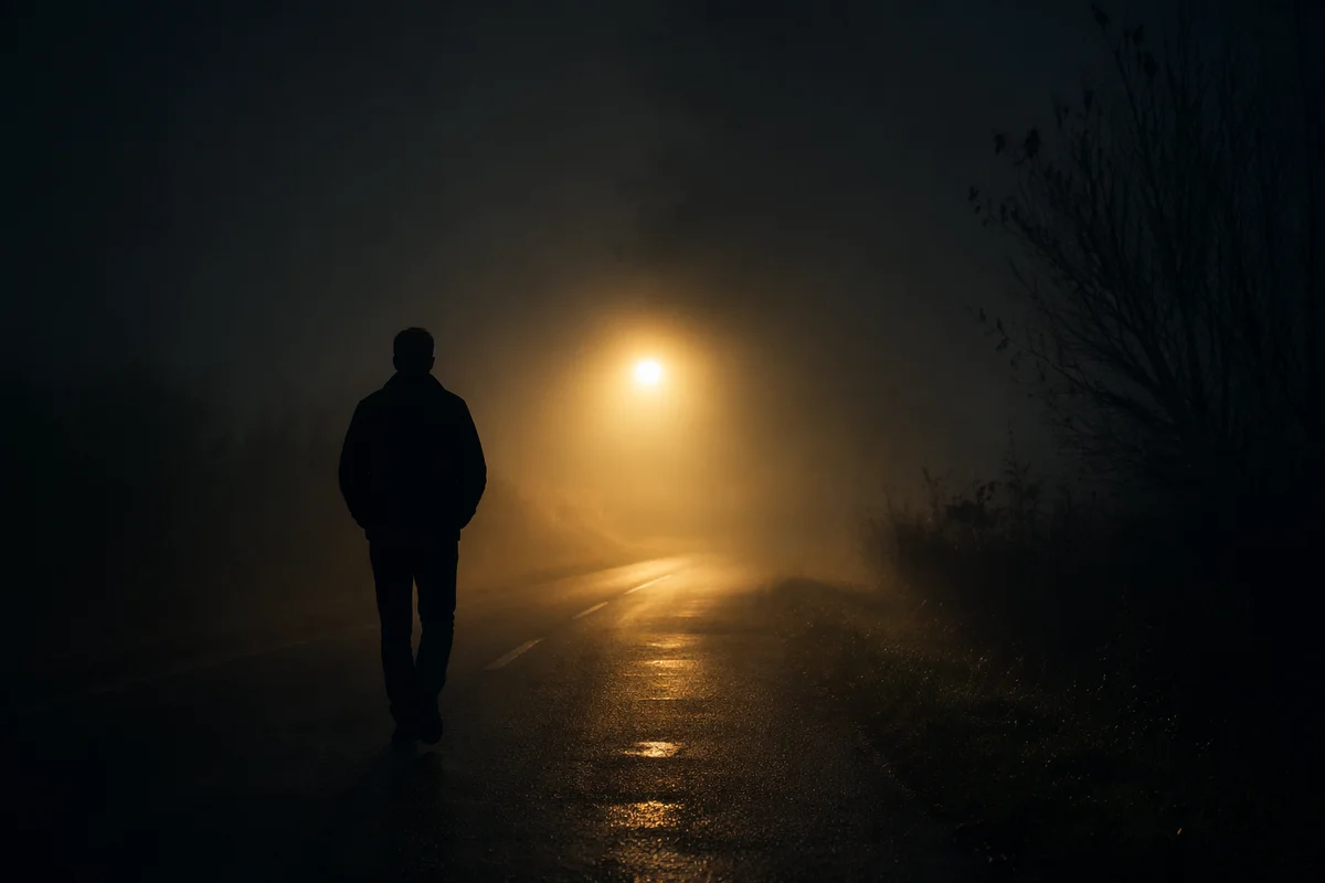 Lone Figure Walking Through Fog Toward Light