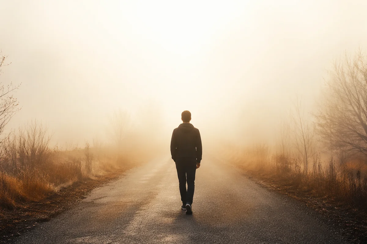 Lone Walker Entering Hopeful Foggy Light
