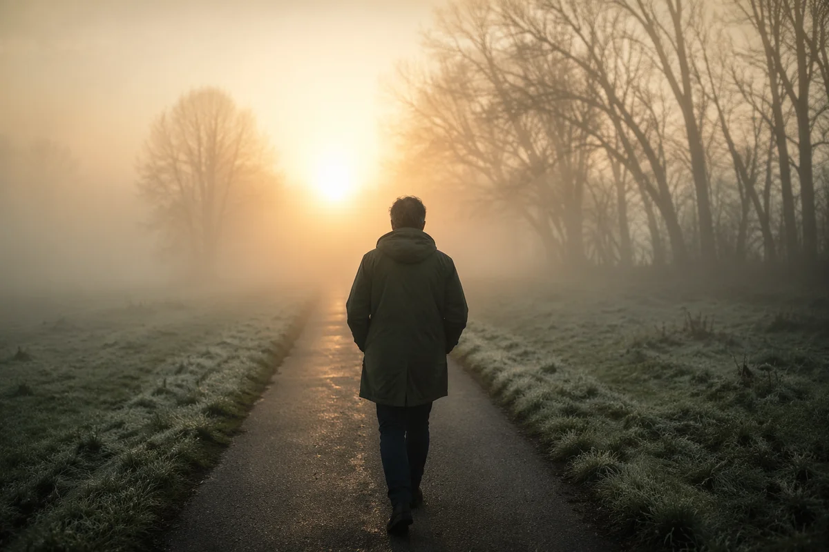 Walking Through Fog Toward Morning Light