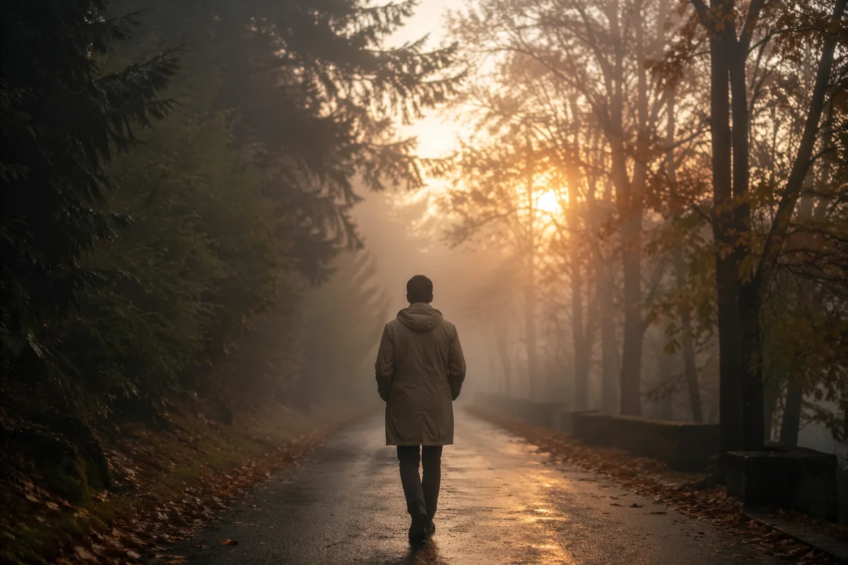 Walking Through Fog Toward Golden Light