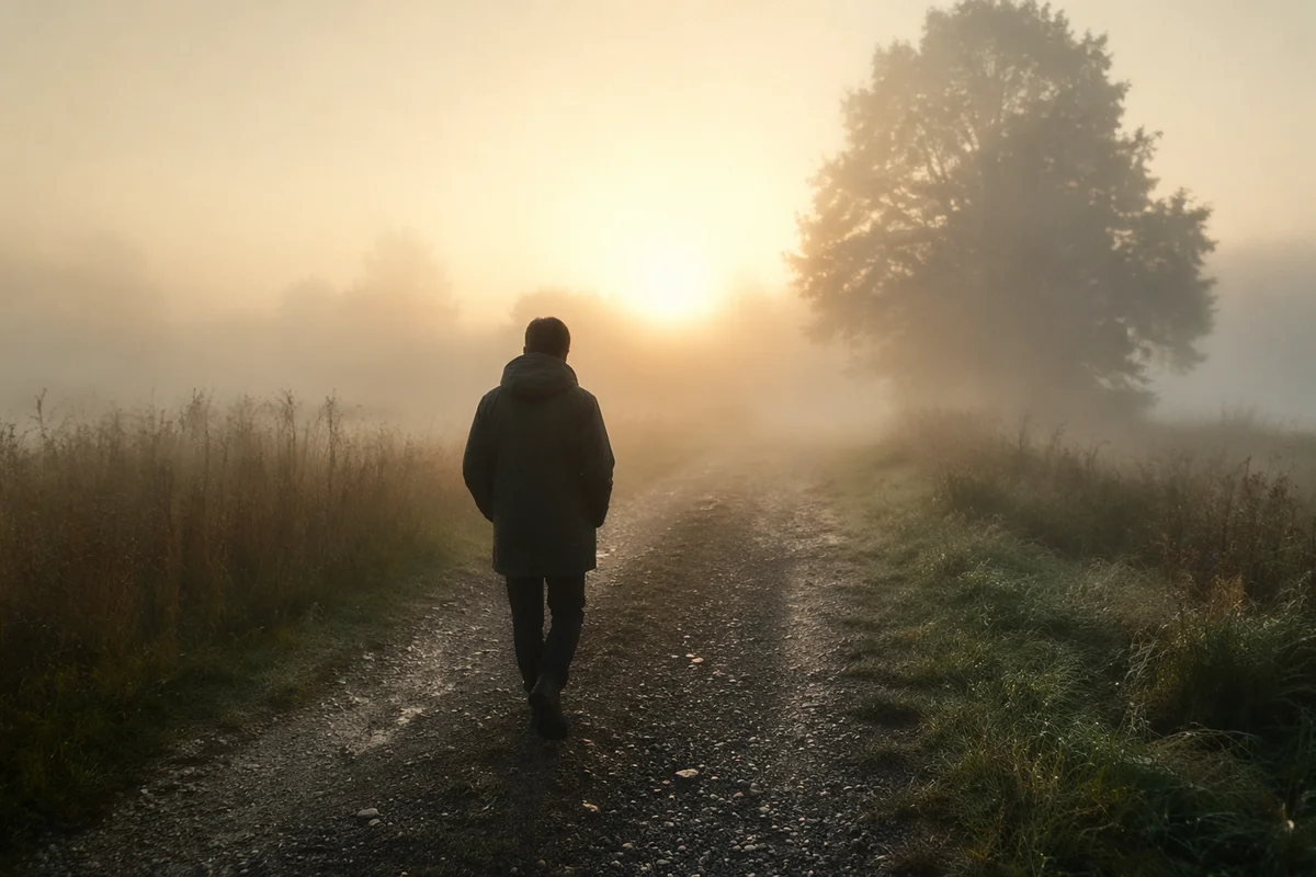 Walking Through Fog Toward Morning Light