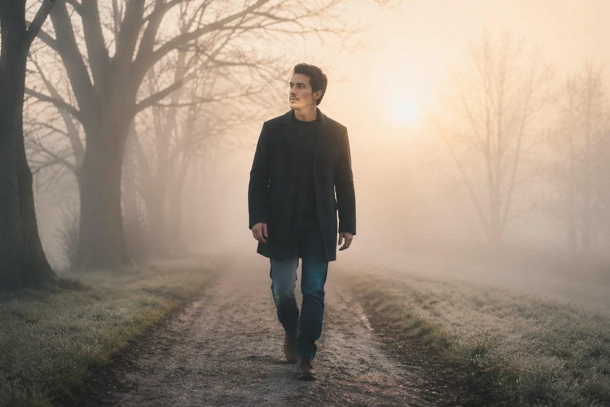 Man Walking Through Foggy Dawn Path
