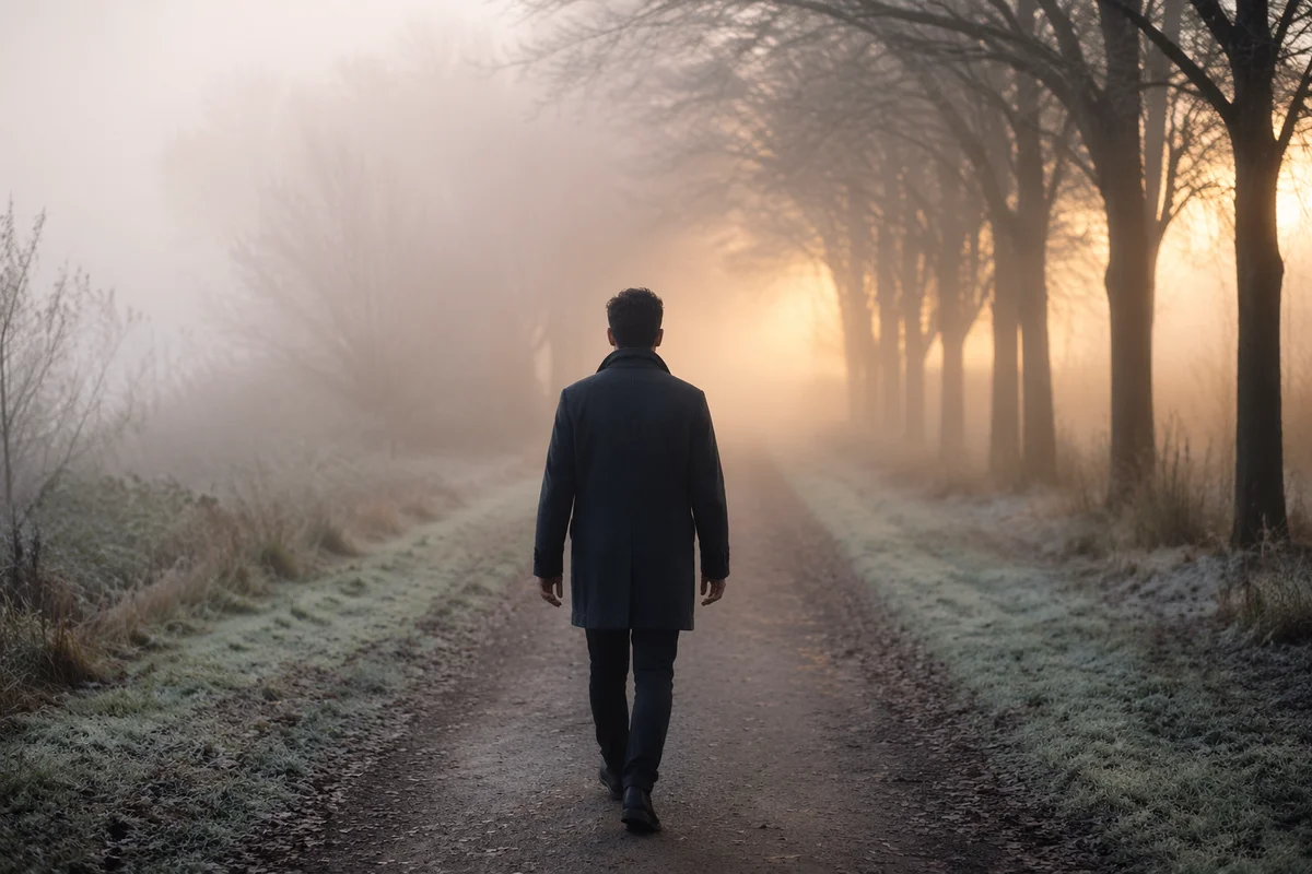 Man Walking Through Foggy Forest Path