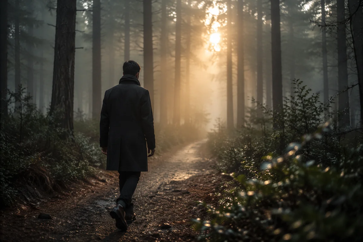 Man Walking Through Foggy Forest Light