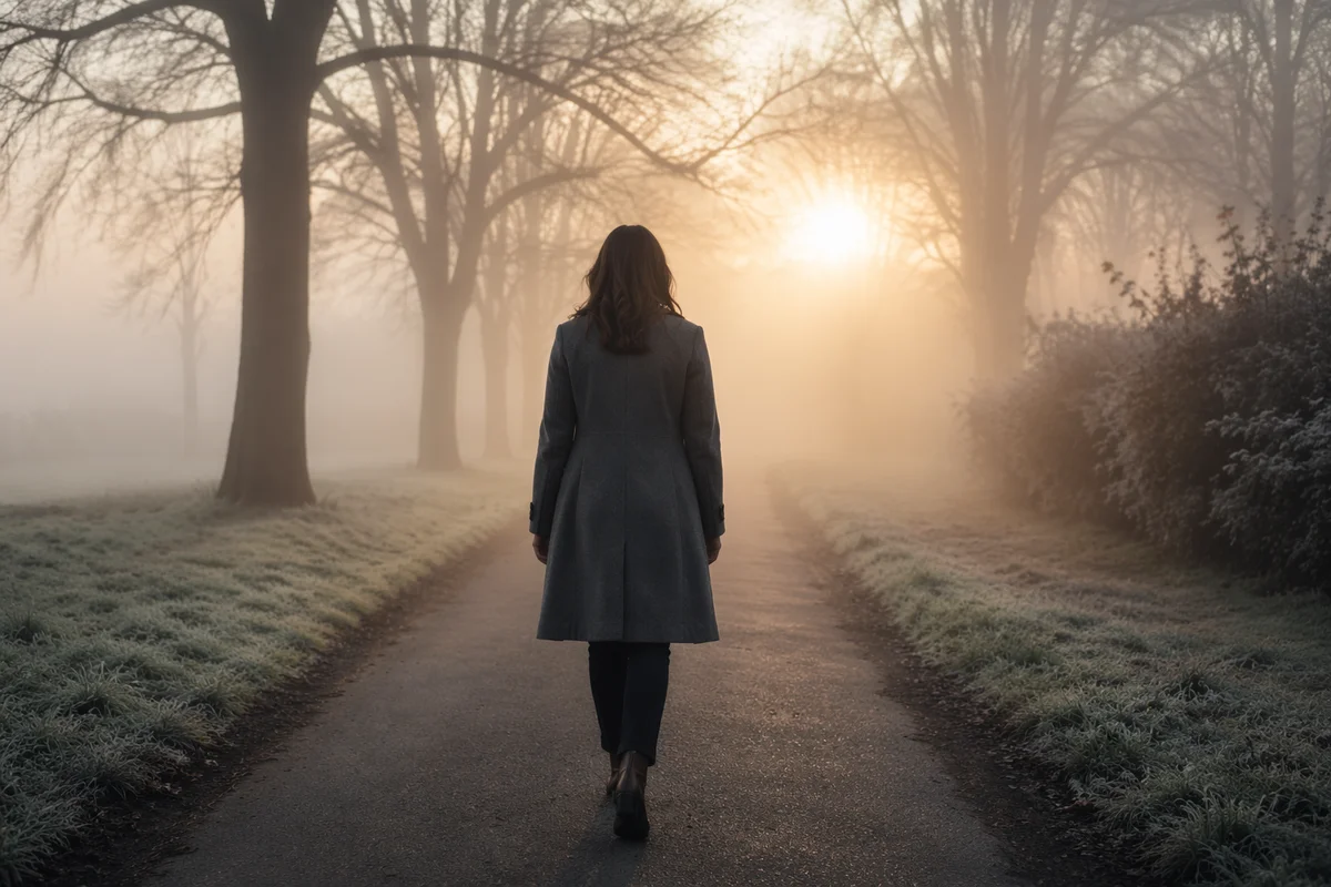 Woman Walking Through Foggy Park Path