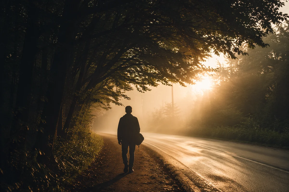 Person Walking Through Fog Toward Light