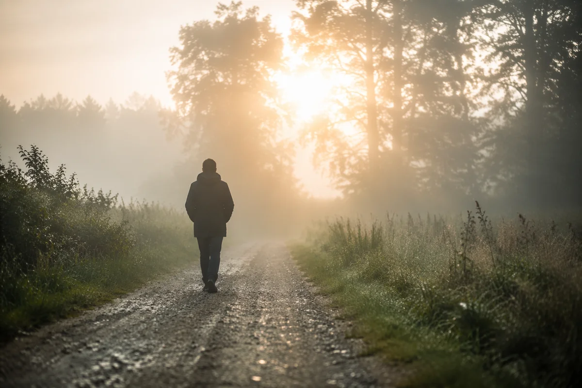 Walking Through Morning Fog Toward Light