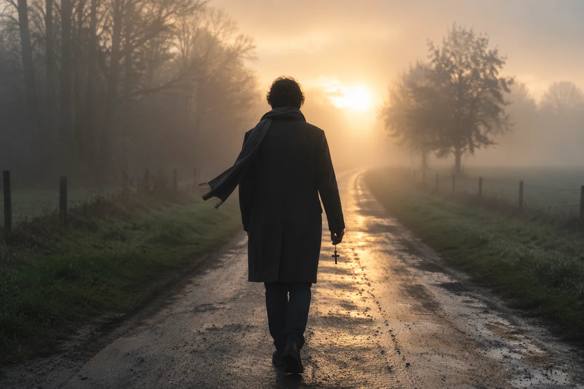 Walking Through Fog Toward Morning Light
