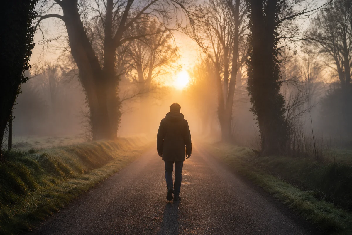 Solitary Walk Through Morning Fog Toward Light