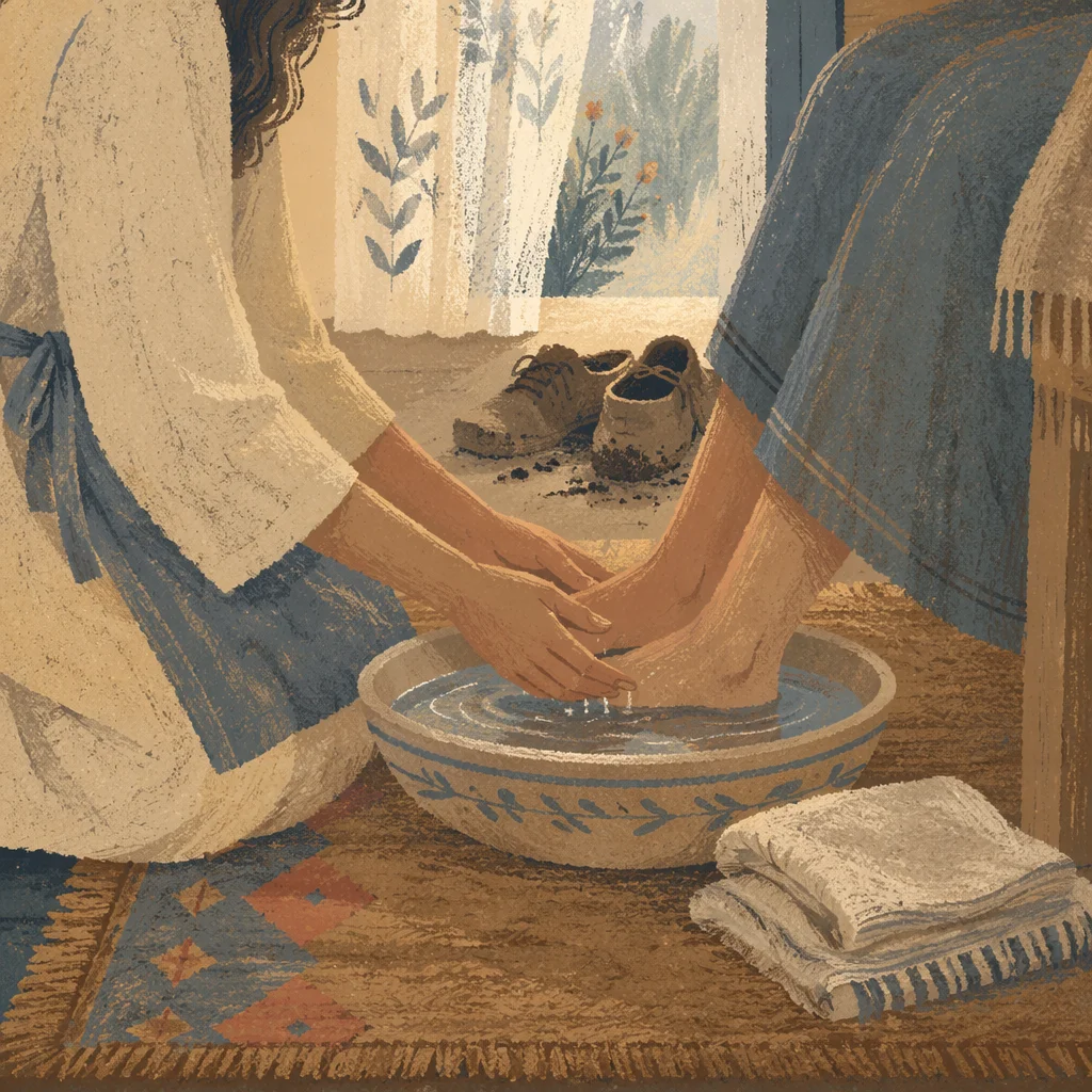 Humble Foot Washing in Rainlit Home