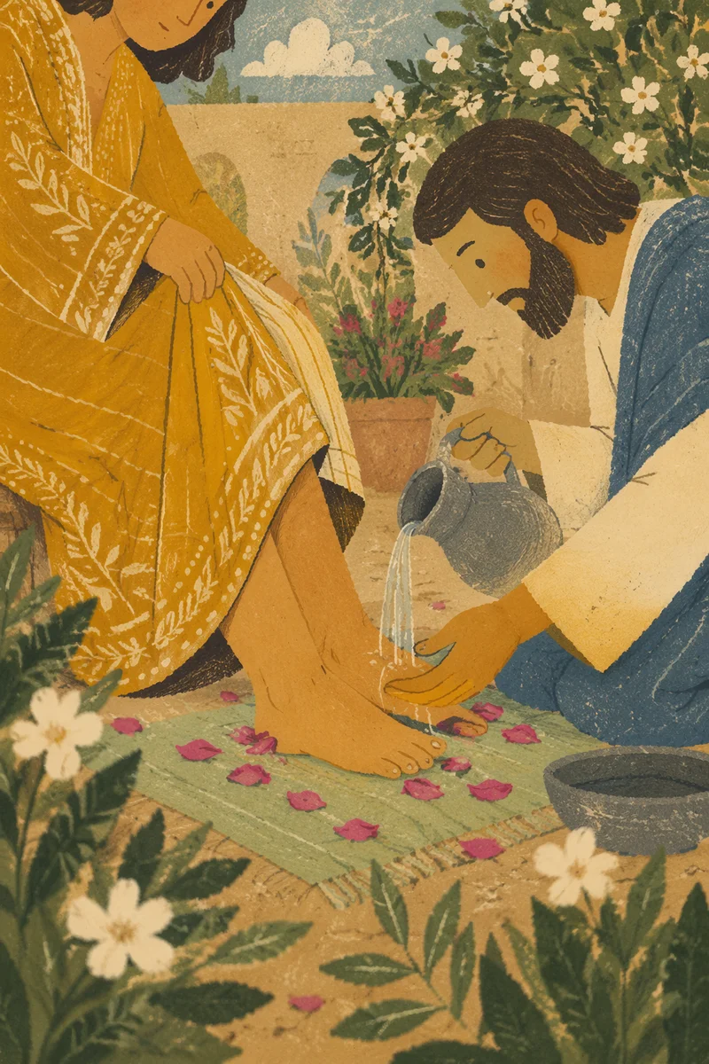 Humble Foot Washing Ritual in Garden Courtyard