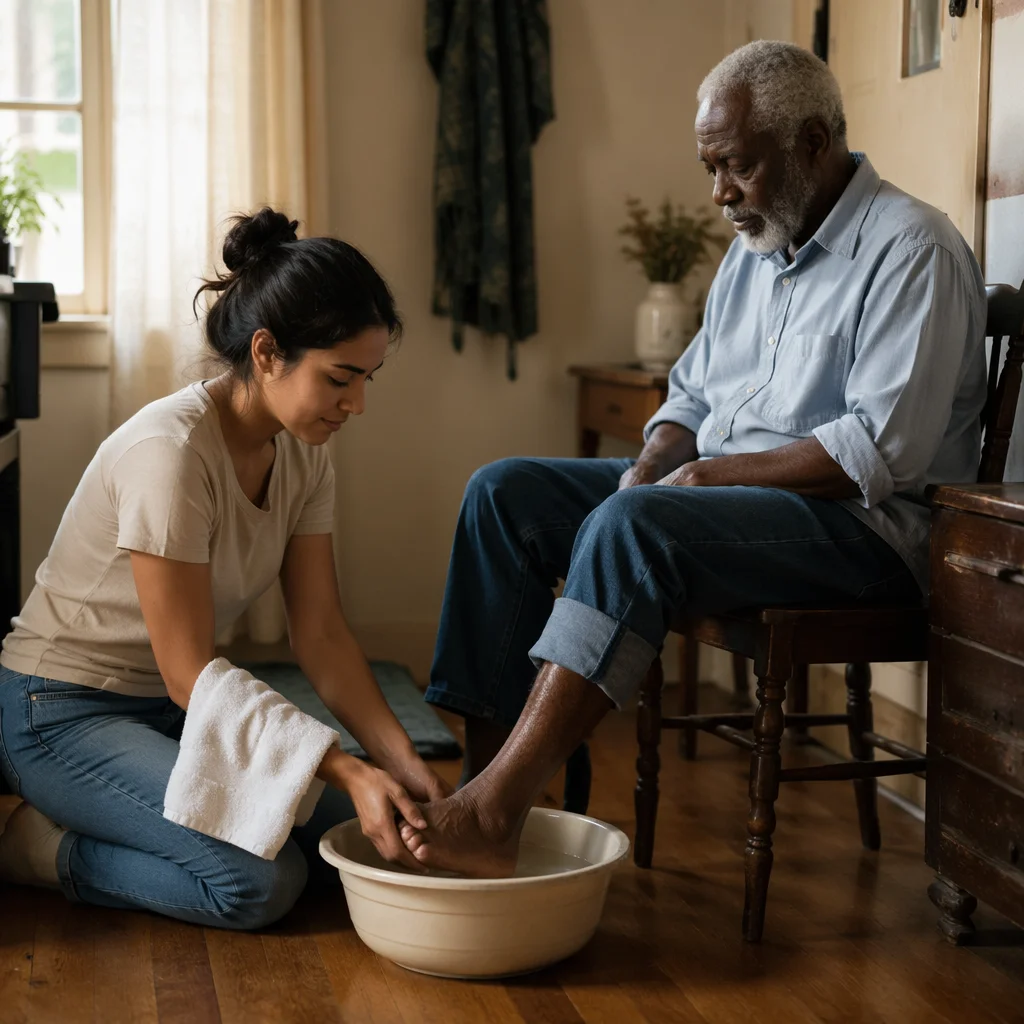 Woman Washing Elderly Man's Feet Indoors