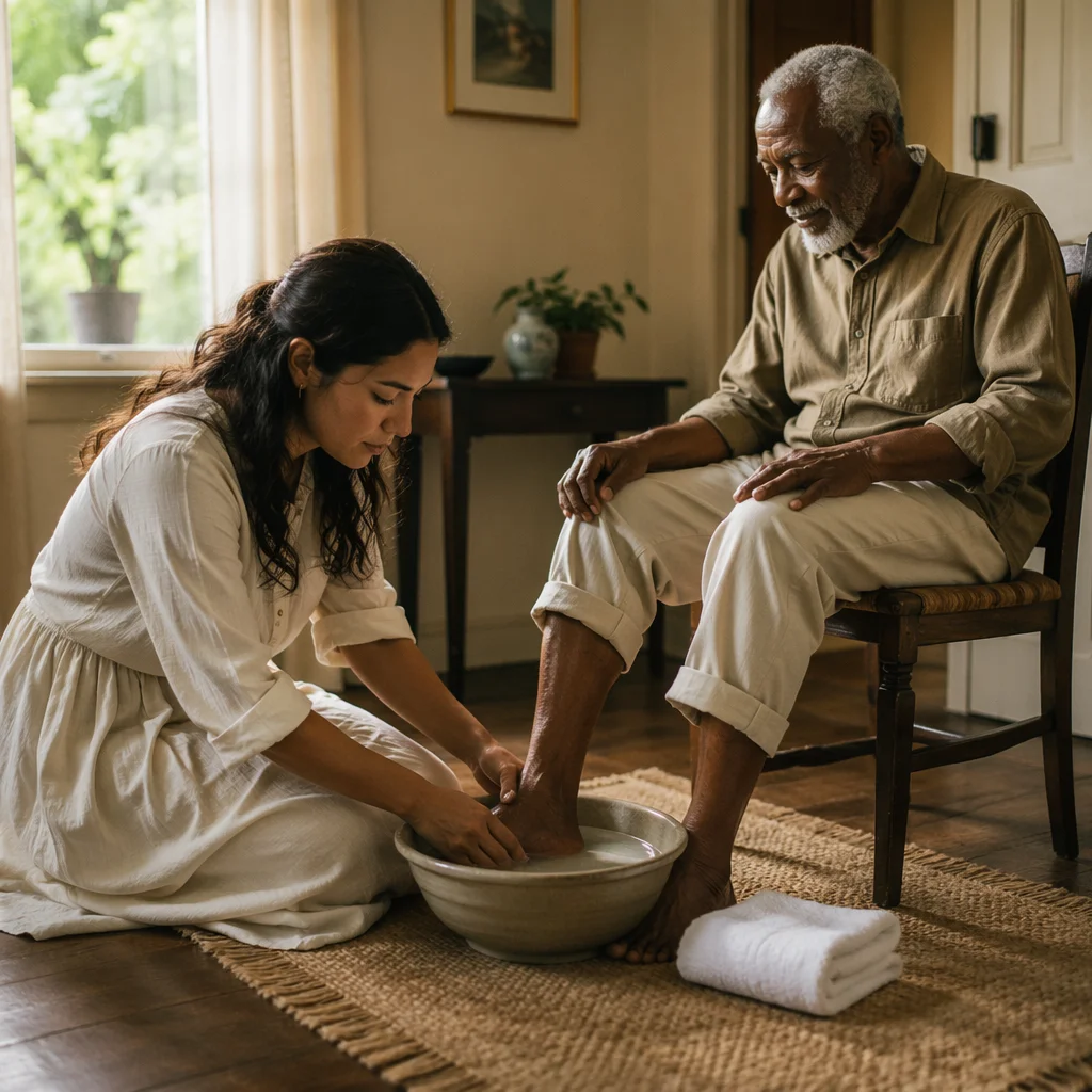 Woman Washing Elderly Man Feet Indoors