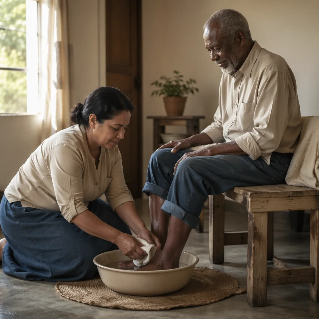Woman Washing Elderly Man's Feet Indoors