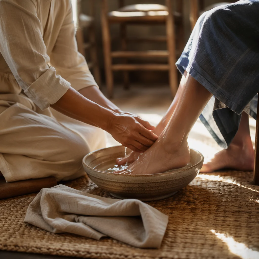 Humble Foot Washing in Sunlit Fellowship Room