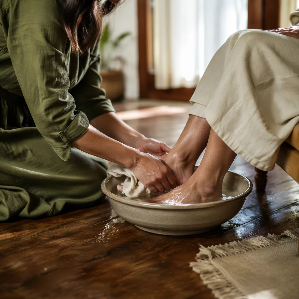 Humble Foot Washing in Sunlit Home