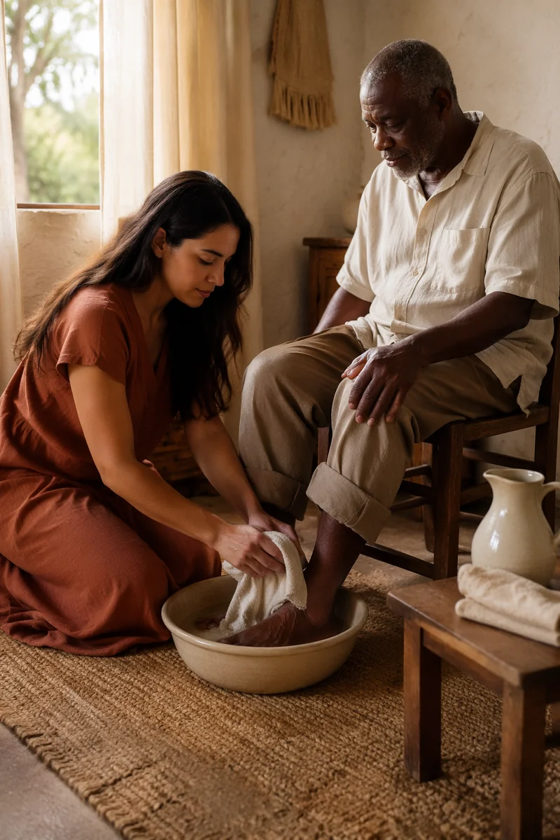 Woman Washing Elderly Man's Feet Indoors