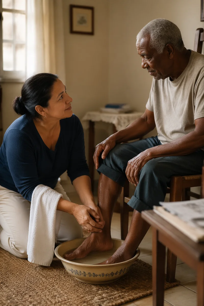 Woman Washing Elderly Man Feet Indoors