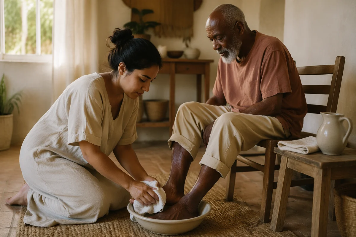 Young Woman Washing Elderly Man's Feet