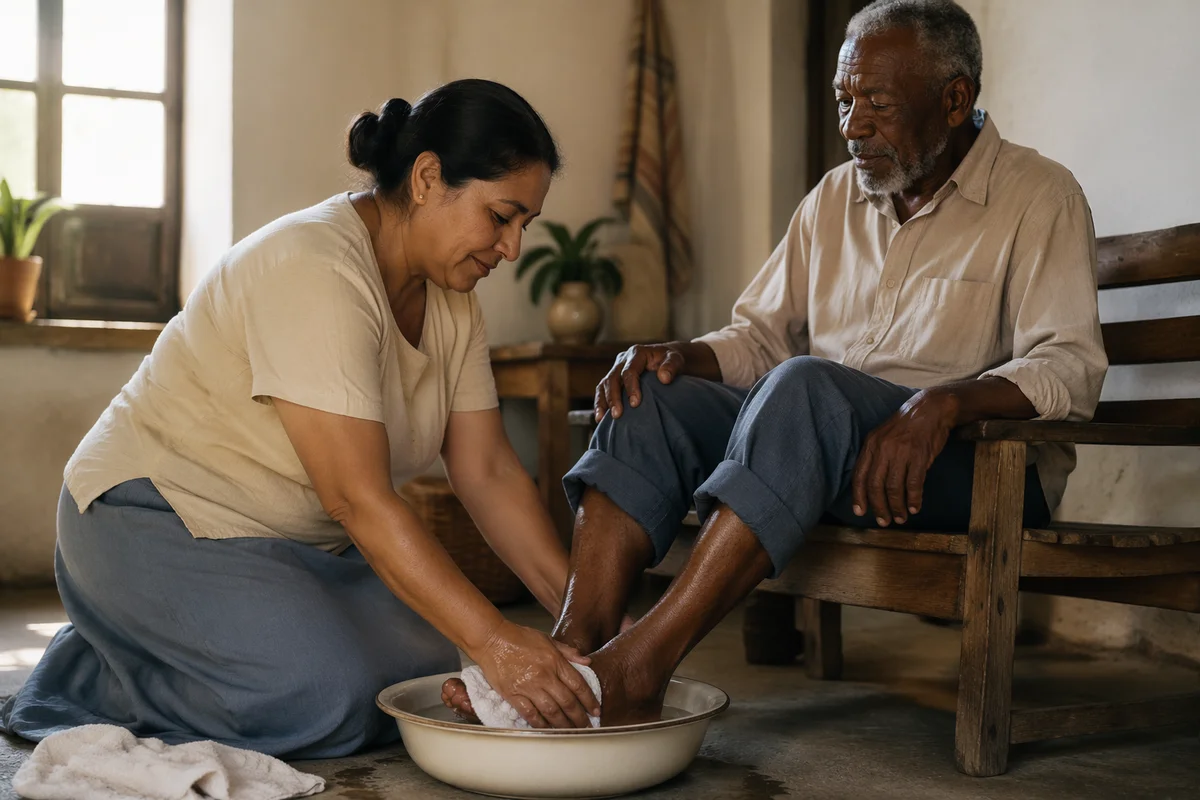 Woman Washing Elderly Man's Feet Indoors