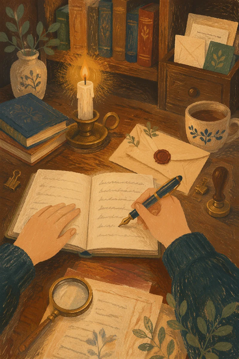 Candlelit Letter Writing at Vintage Wooden Desk