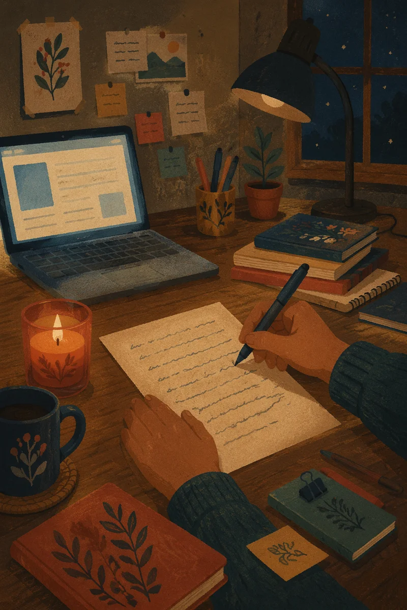 Candlelit Letter Writing at Night Desk