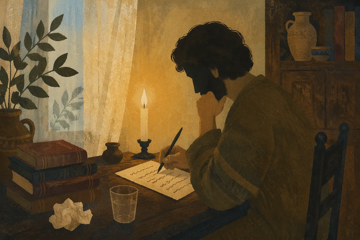 Candlelit Letter Writing at Vintage Wooden Desk
