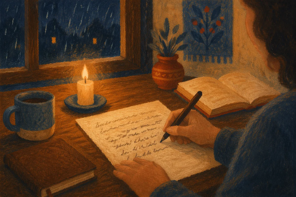 Candlelit Letter Writing at Wooden Desk