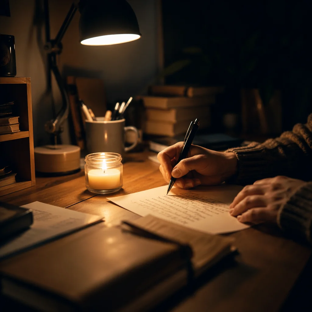 Handwritten Letter by Candlelight at Desk