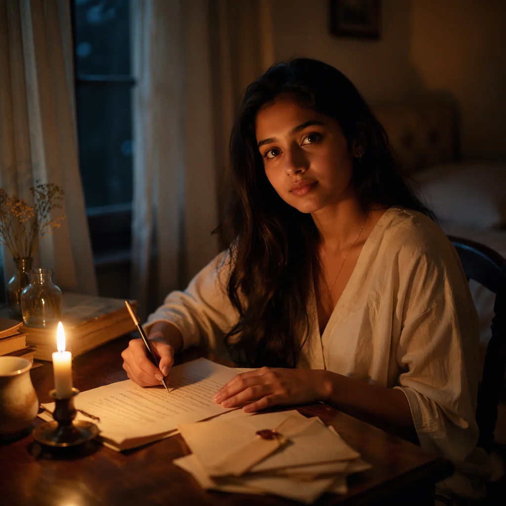 Young Woman Writing Letter by Candlelight