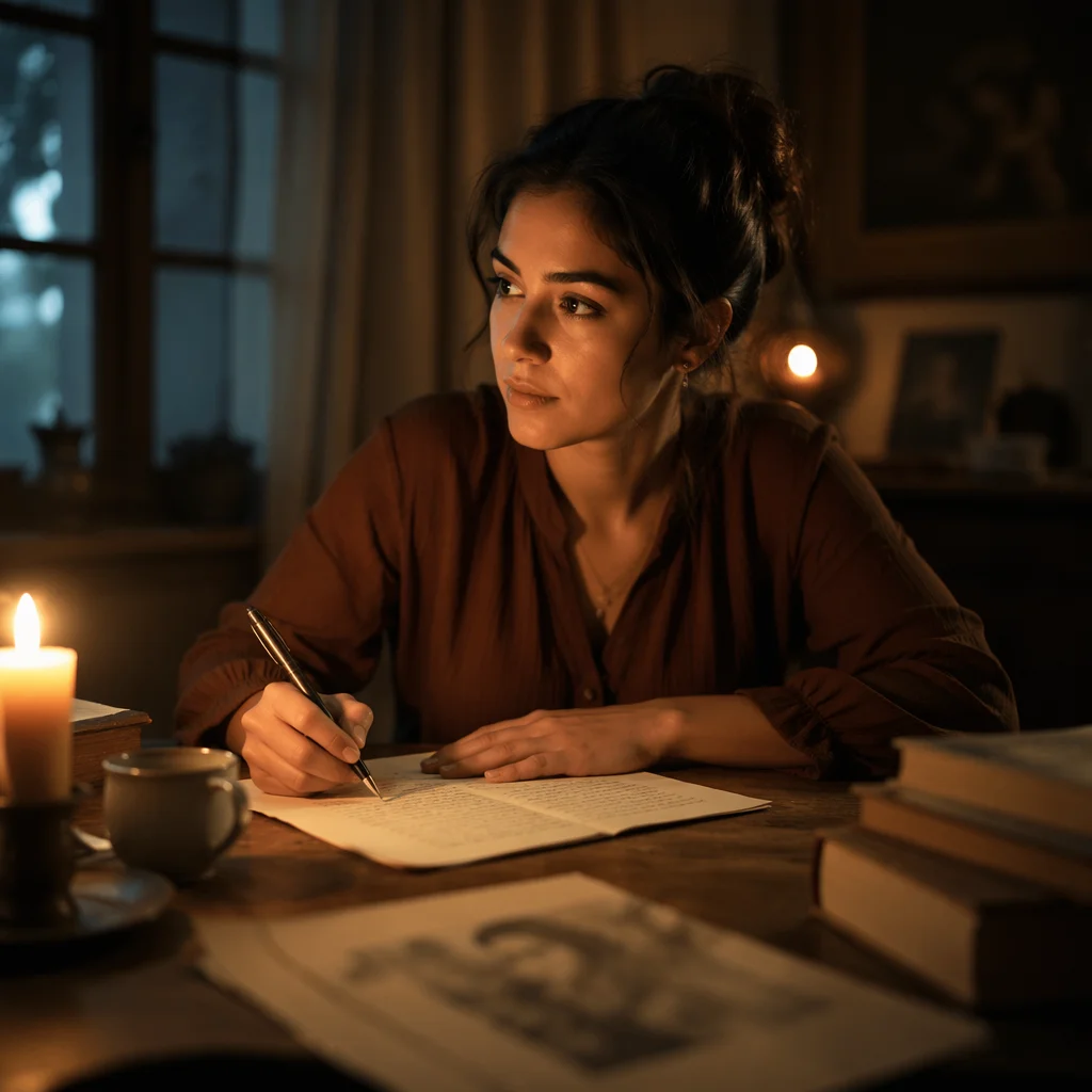 Woman Writing Letter by Candlelight Desk