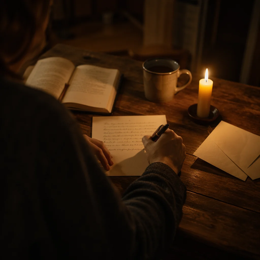 Candlelit Letter Writing at Wooden Desk
