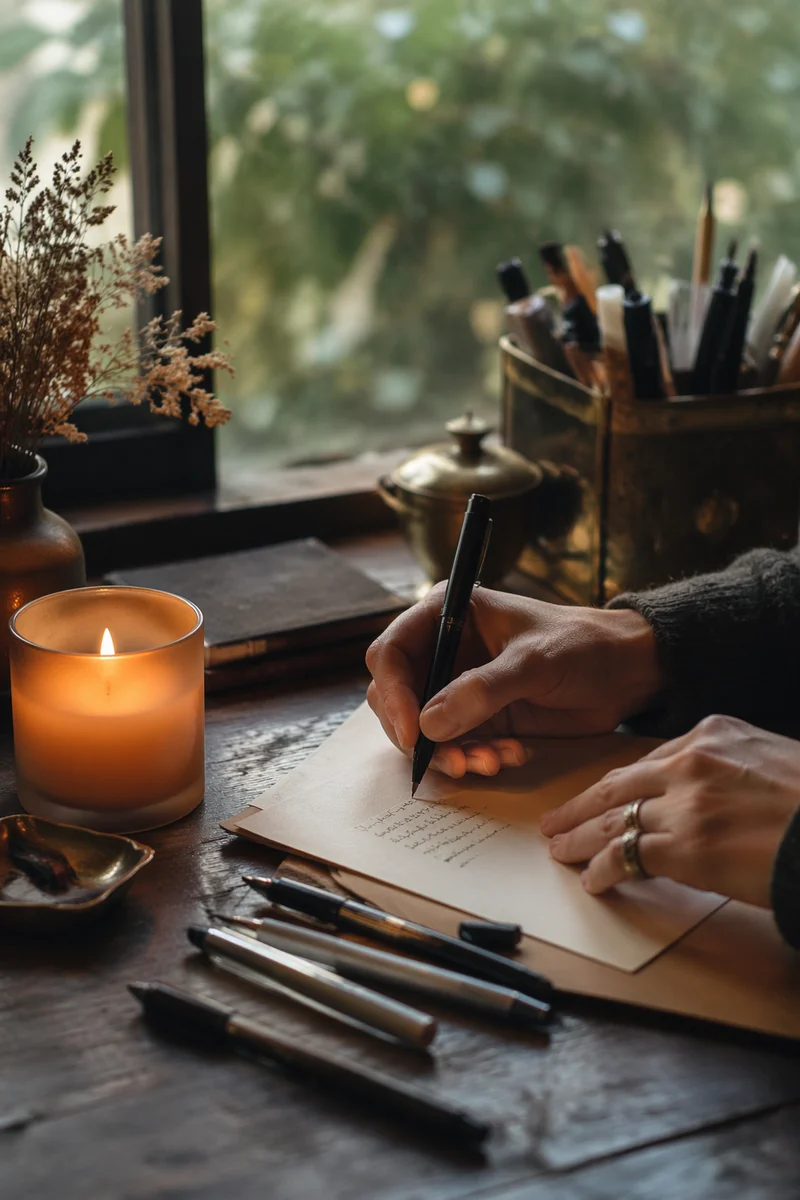 Candlelit Hands Writing a Reflective Letter