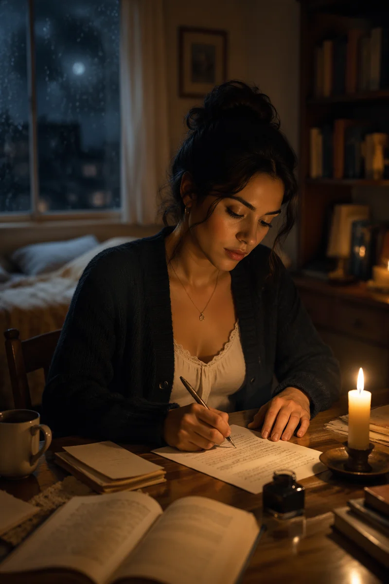 Young Woman Writing Letter by Candlelight