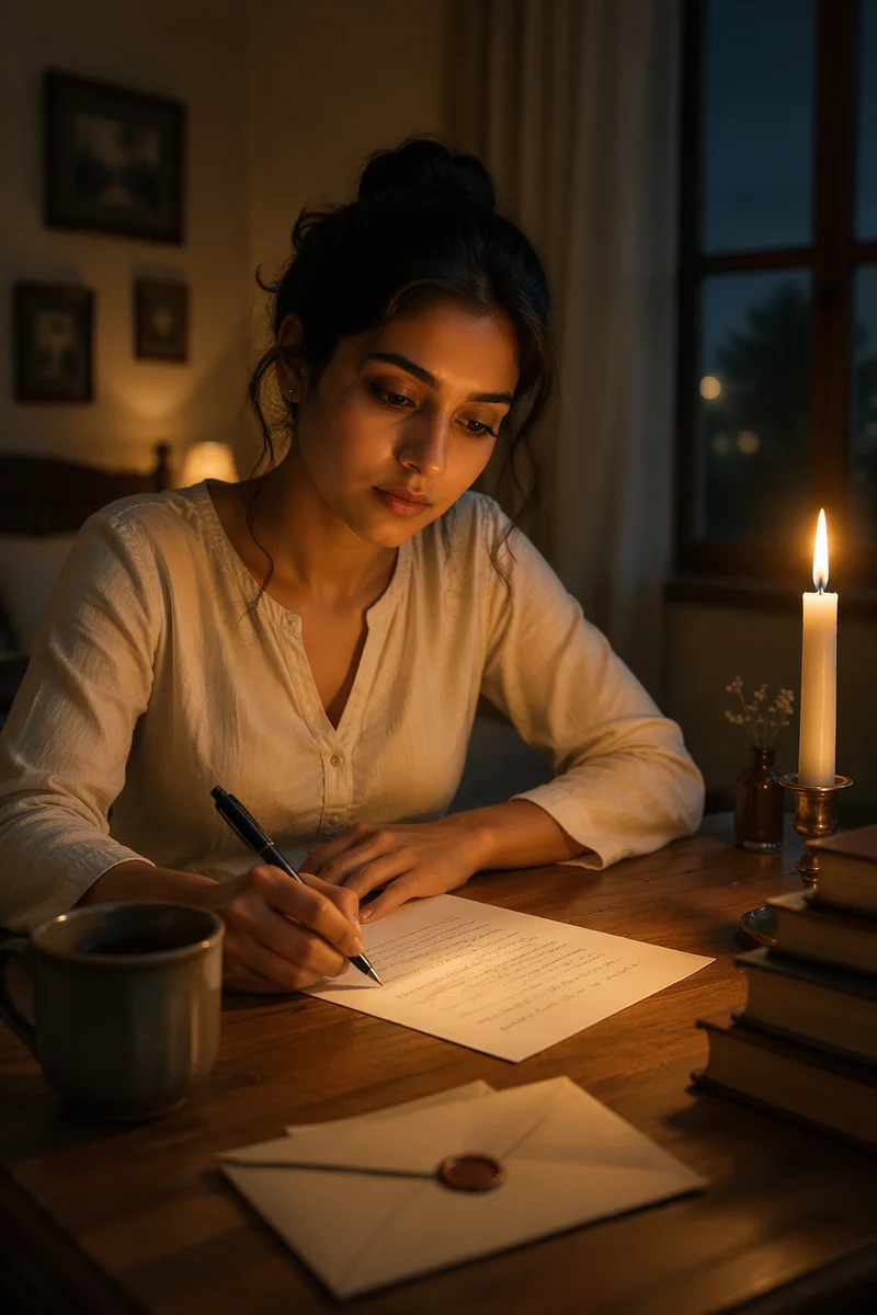 Young Woman Writing Letter by Candlelight