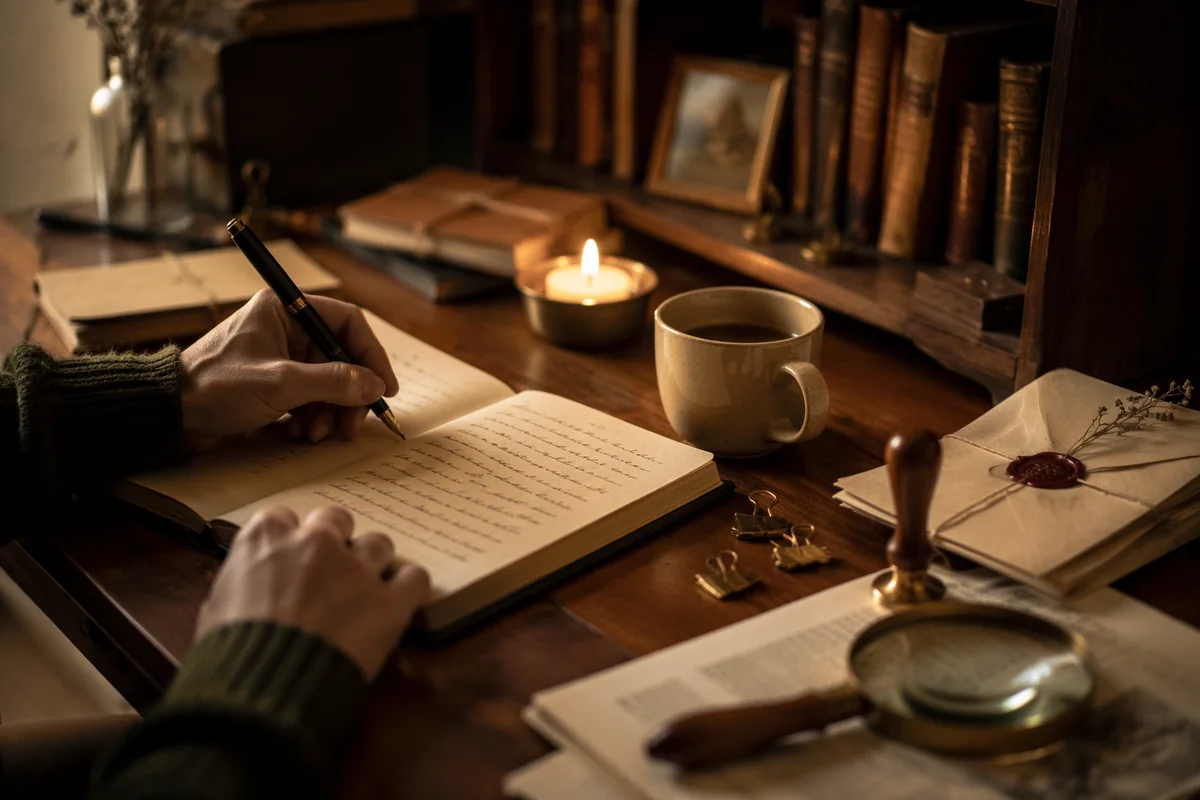 Candlelit Letter Writing at Vintage Desk
